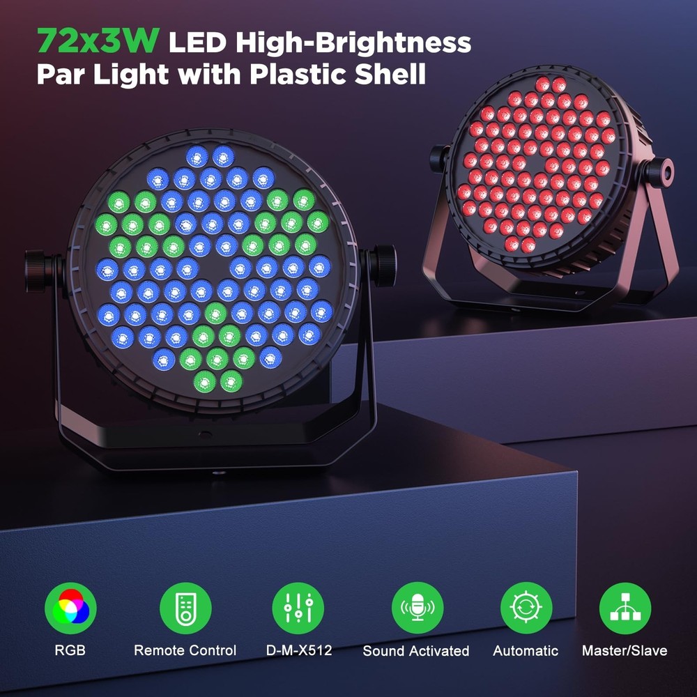 Stage Par Lights, 72 LEDs RGB Par Can Uplights with Dynamic Vortex Stage Effe...