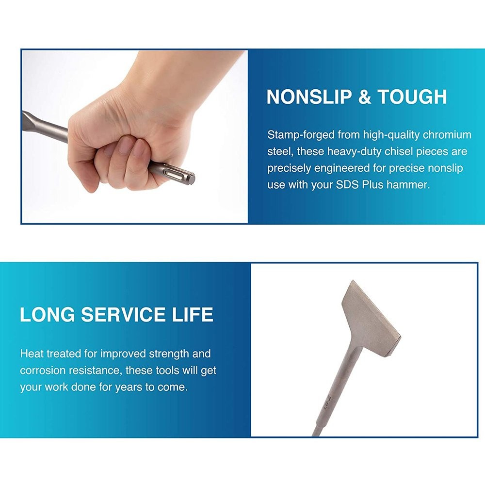 4 × SDS Plus Chisel Bits -Flat Chisel Grooving Chisel & Point Chisel Durable