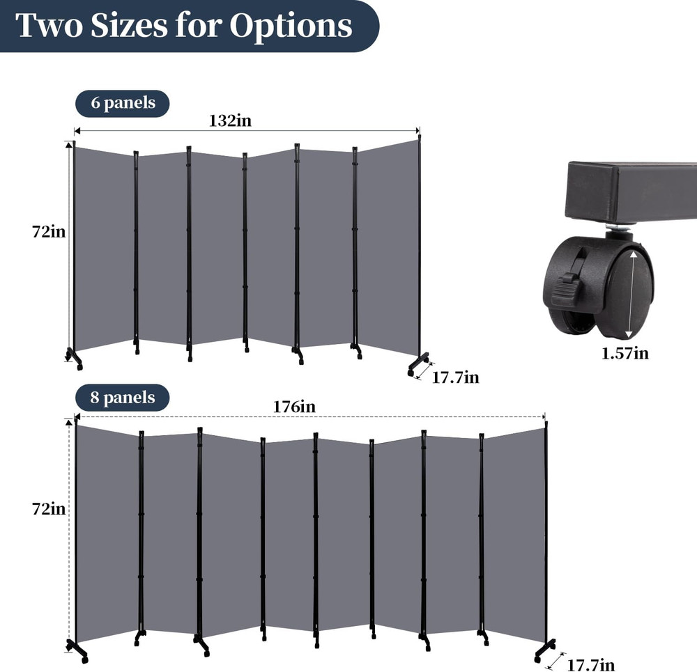 Folding Room Divider with Lockable Wheels - 176'' Privacy Screen Panel