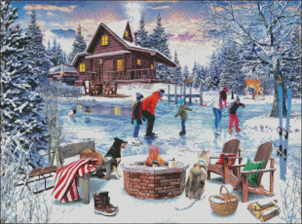 Fireside Skaters - DIY Chart Counted Cross Stitch Patterns Needlework DMC Color