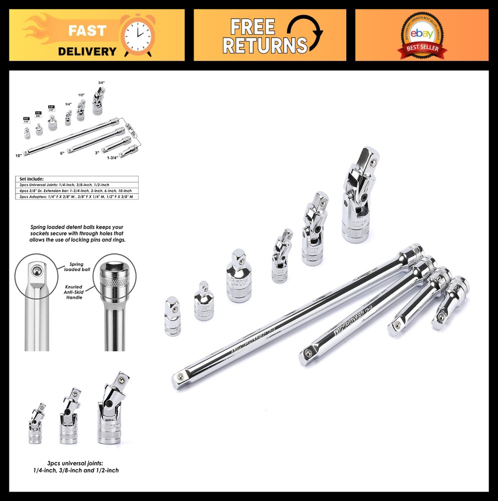 10-Piece Drive Tool Accessory Set - Socket Adapters, Extension Bars, Universal J