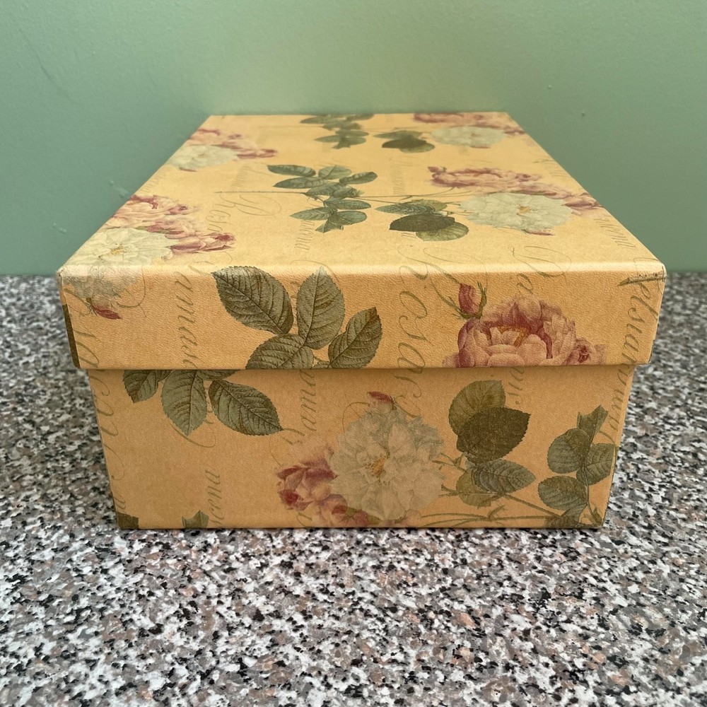 Vintage Cardboard BOX with Metallic Tag Holder Floral Print Rectangular
