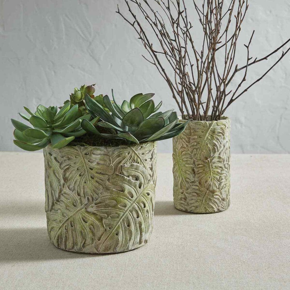 Green Leaf Design Planter Ceramic Embossed Flower Pot Tropical