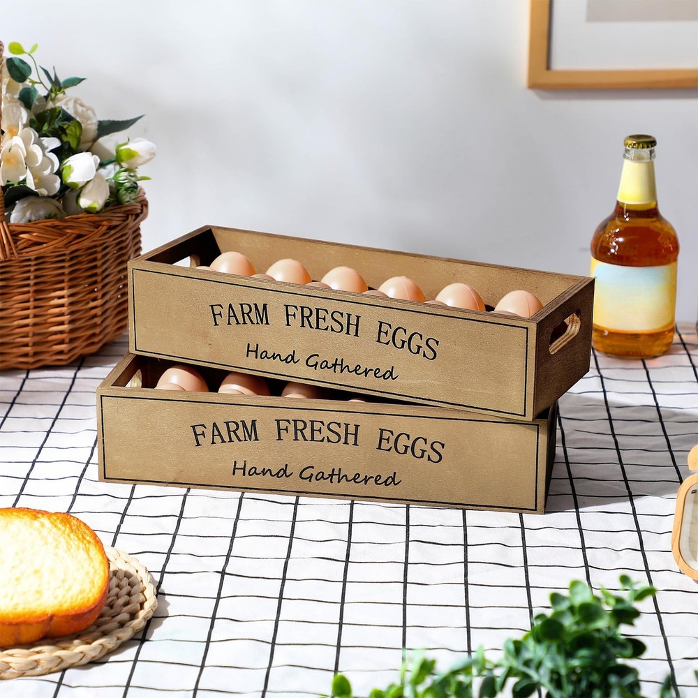 2 Pieces Farm Wooden Egg Crate for 24 Fresh Eggs Stackable Storage Box