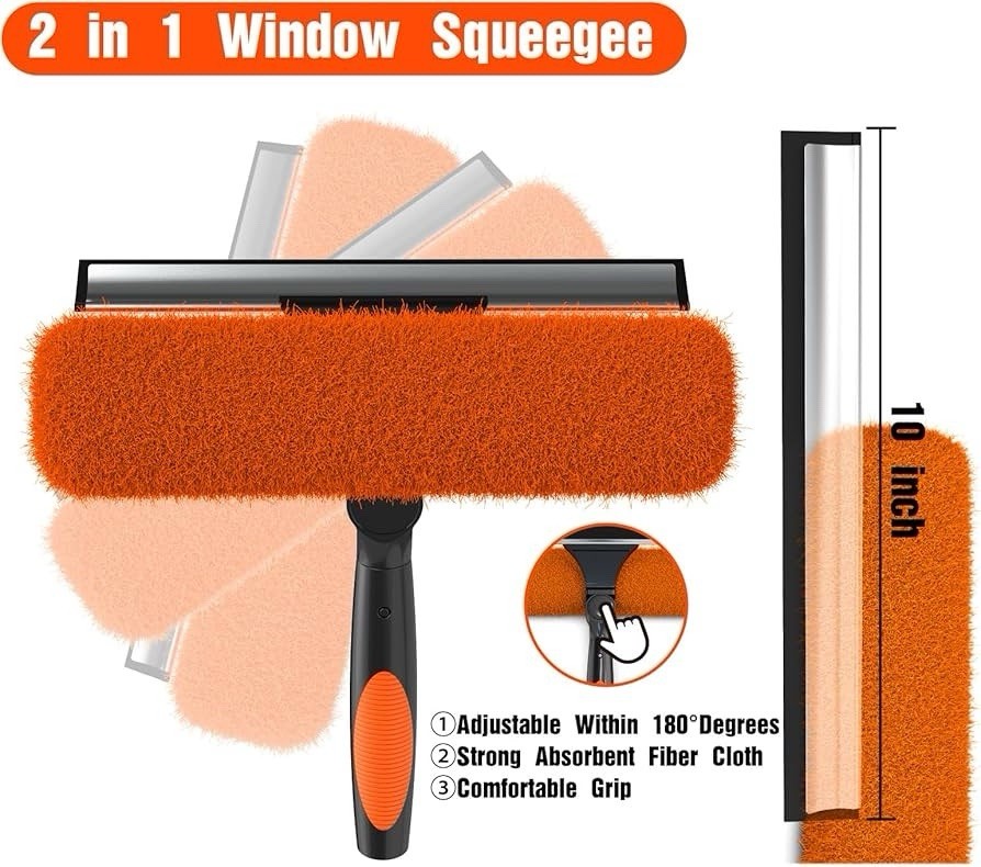 2-in-1 Extendable Window Squeegee Adjustable Head Absorbent Cloth Orange