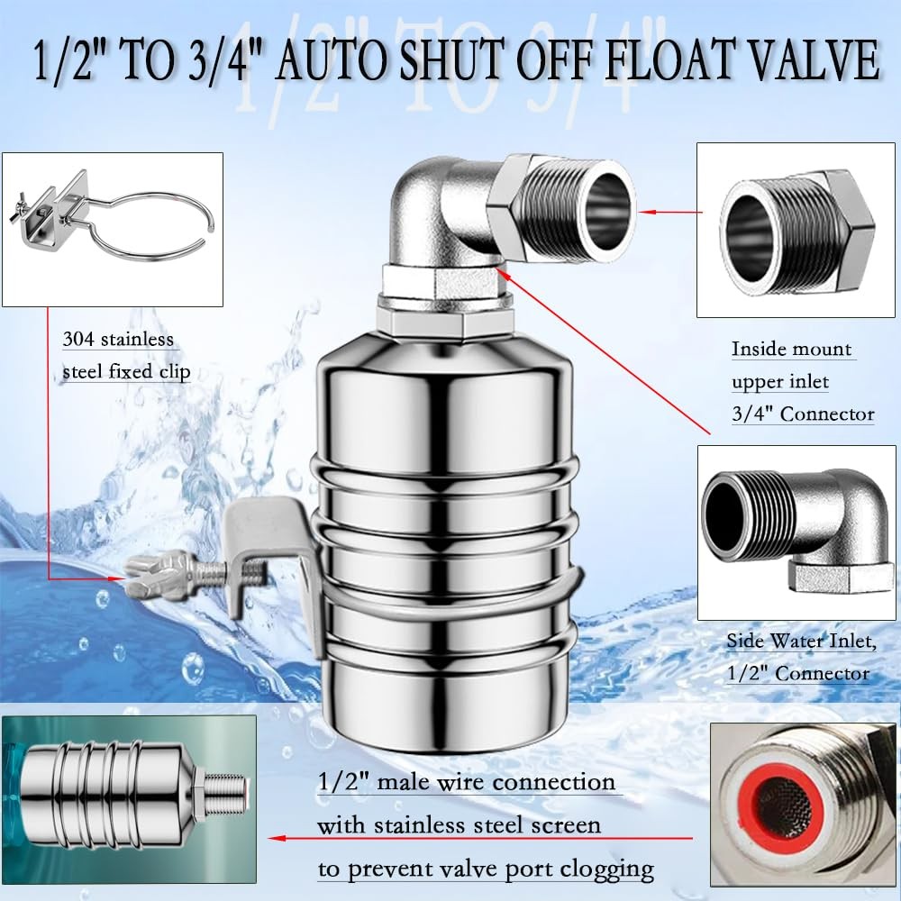 2PCS Float Valve,1/2" to 3/4'' water level control float valve, 304 Stainless...