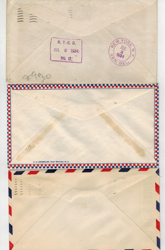 1934 AIRMAIL FDC C19 WINGED GLOBE STAMP SET OF 3 DIFF ENVELOPES INC ROESSLER $30