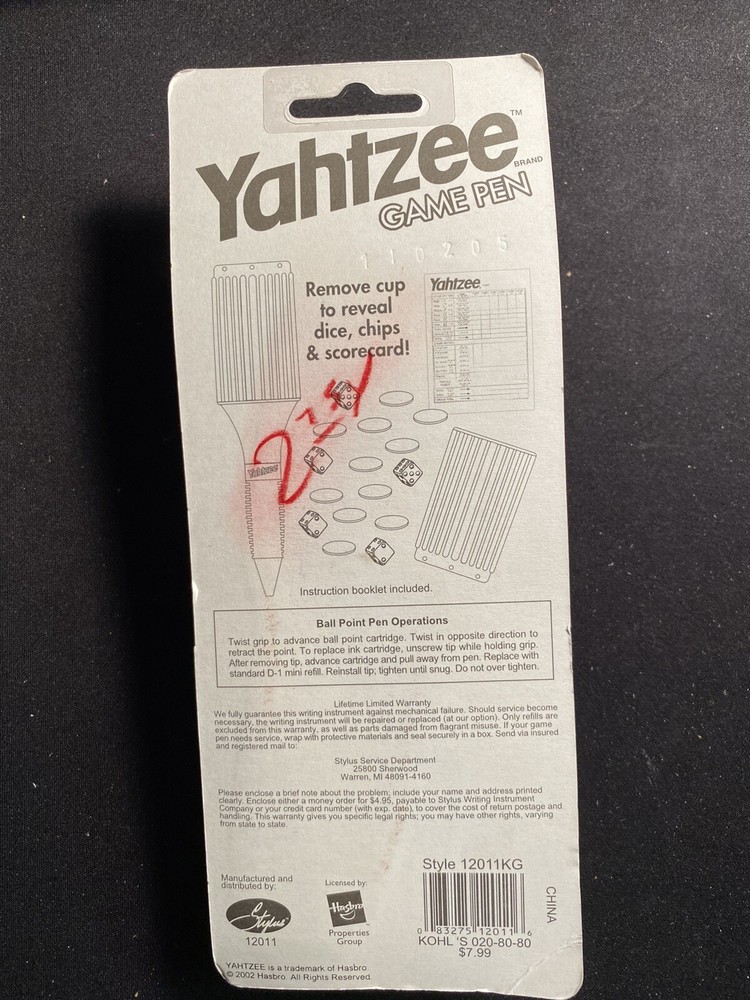 HASBRO YAHTZEE GAME PEN