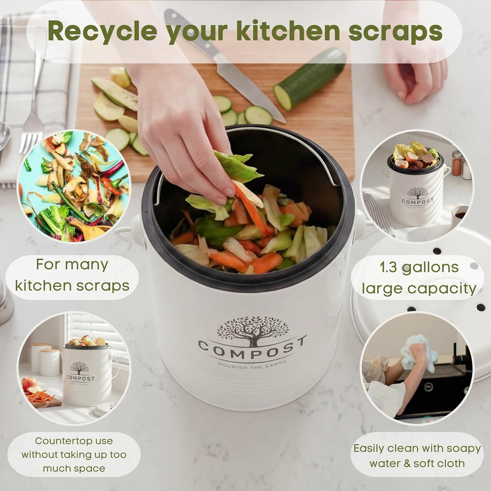Kitchen Compost Bin, 1.3 Gallon Countertop Compost Bin with Lid, Indoor Compost
