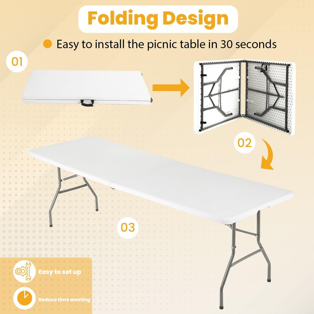 6FT Folding Table, Portable Fold-In-Half Plastic Picnic Party Table with Carryin