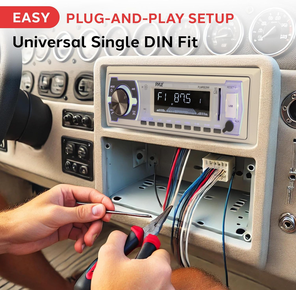 Single DIN Marine Stereo Receiver Bluetooth White PLMRB29W