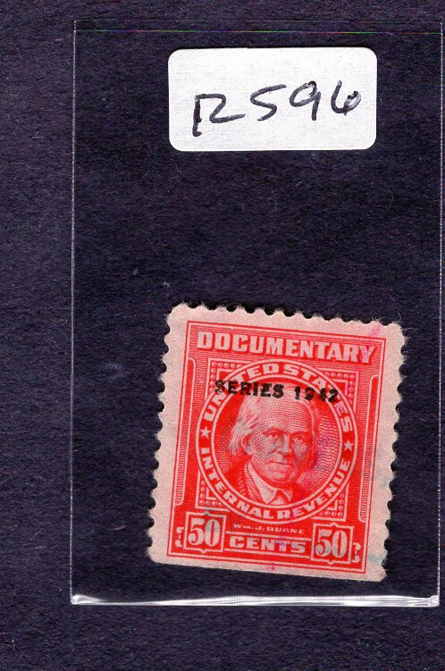 1952 Stamp #R596 Revenue 50c Documentary Overprint Used