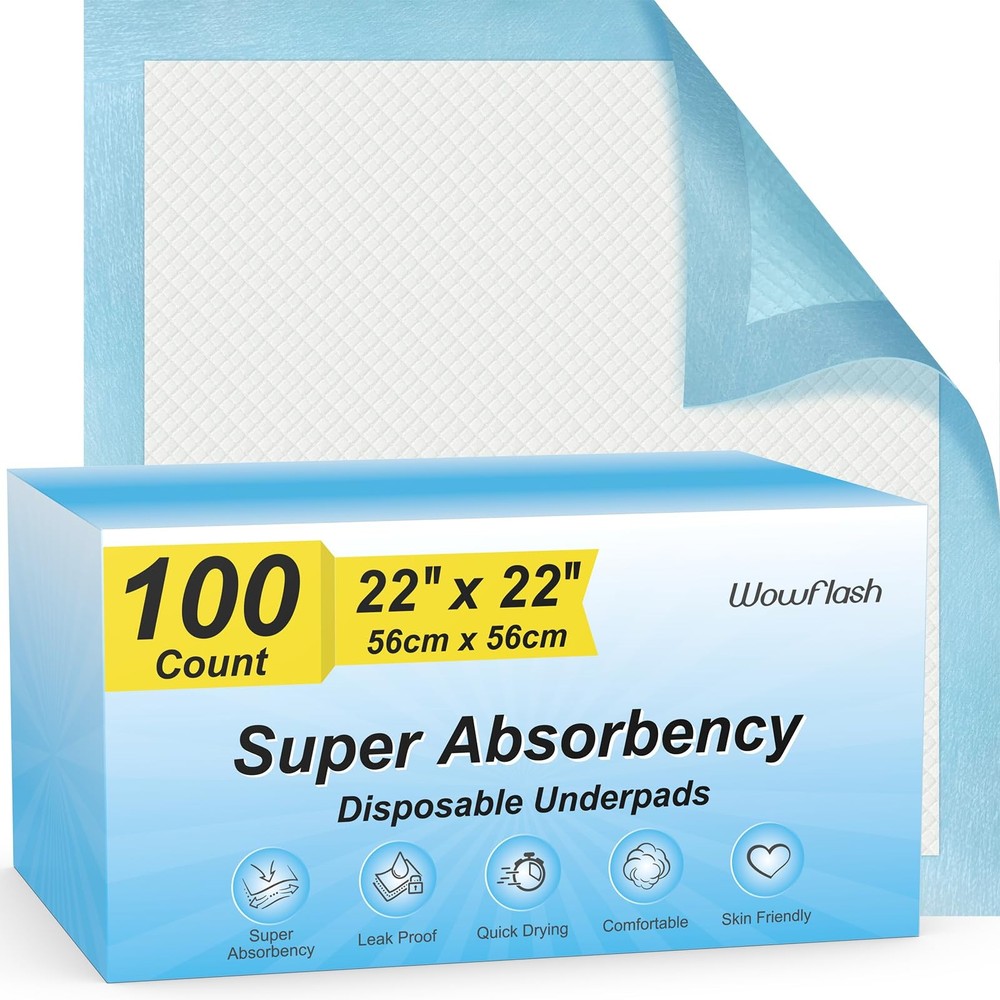 100 Count 22” x 22” Super Absorbency Disposable Underpads, Leakproof Quick Dr...