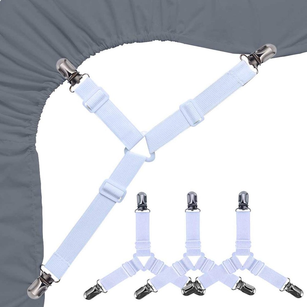 4 PCS White Triangle Bed Sheet Holder Straps, Adjustable Elastic Corner Clips