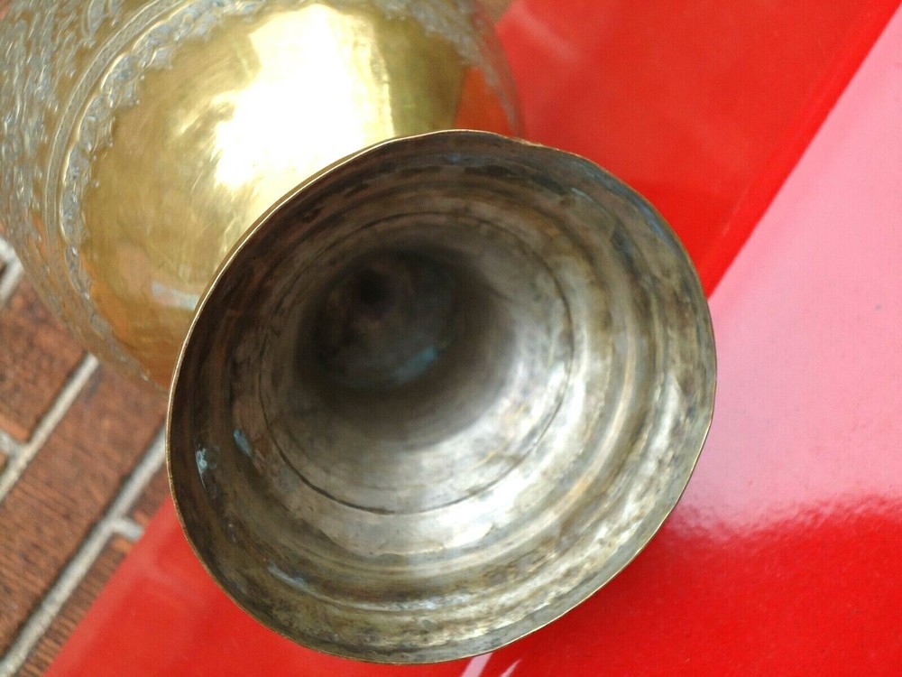 MIDDLE EASTERN BRASS VASE / URN REPOUSSE & CHASED 14 1/4 "
