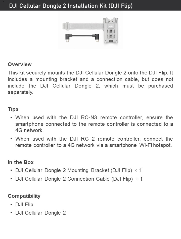 DJI Cellular Dongle 2 Install Kit for Flip – Bracket & Cable – No Dongle