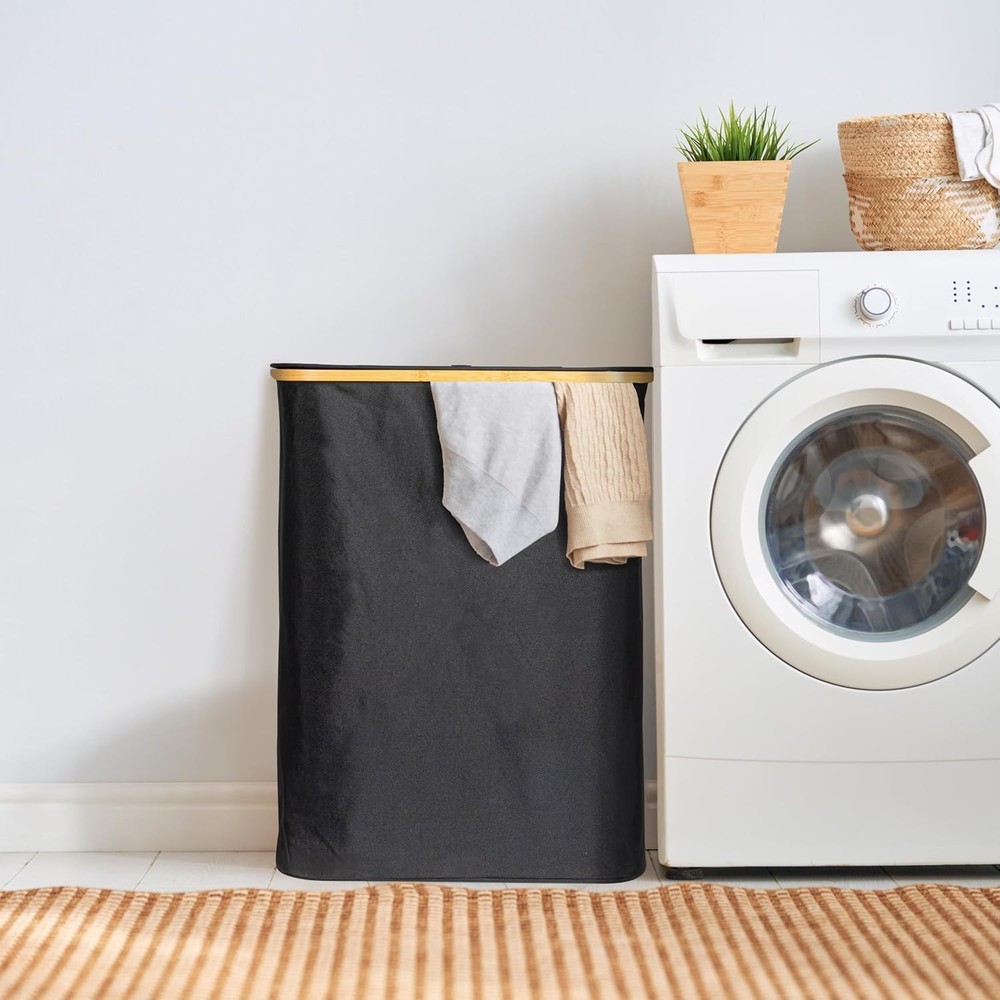 Sleek Laundry Hamper W/ Dual Mesh Liners & Lid Black