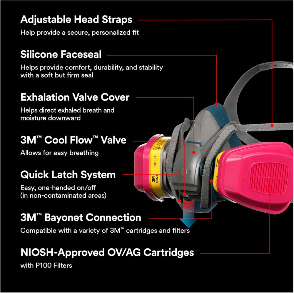 3M - 65023QLHA1-C Pro Multipurpose Respirator with Quick Latch, Medium