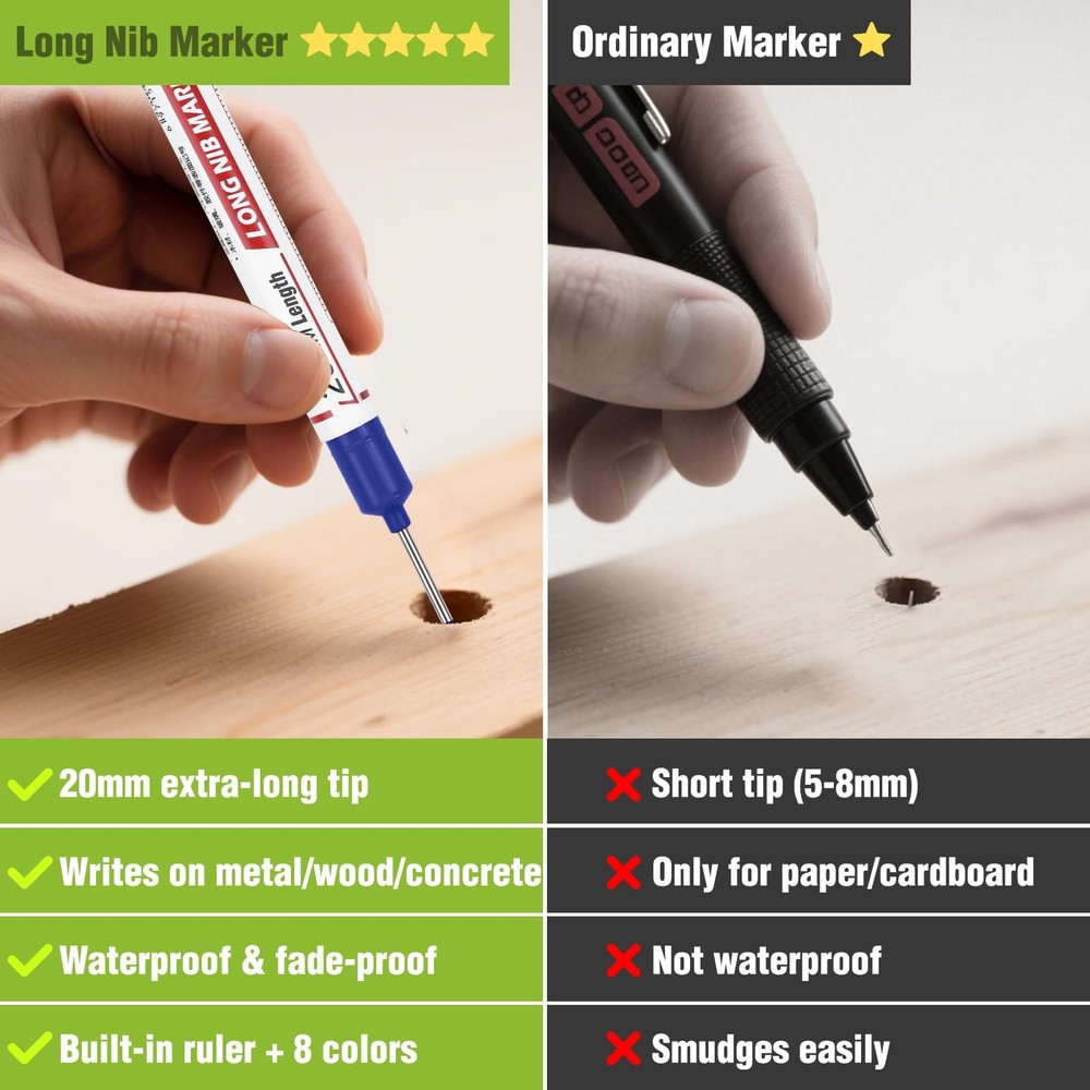 8pcs Long Nib Marker, Long Head Deep Hole Marker Pens, Waterproof Constructio...