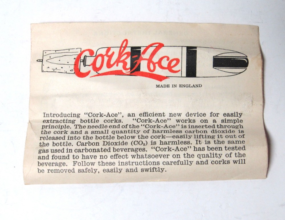 Vintage CORK-ACE England Cork Puller Barware w/Box & Instructions