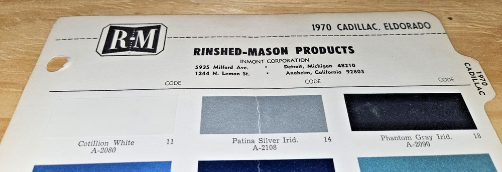 1970 CADILLAC Eldorado PAINT CHIPS Chart RM Automotive Color List Codes chip