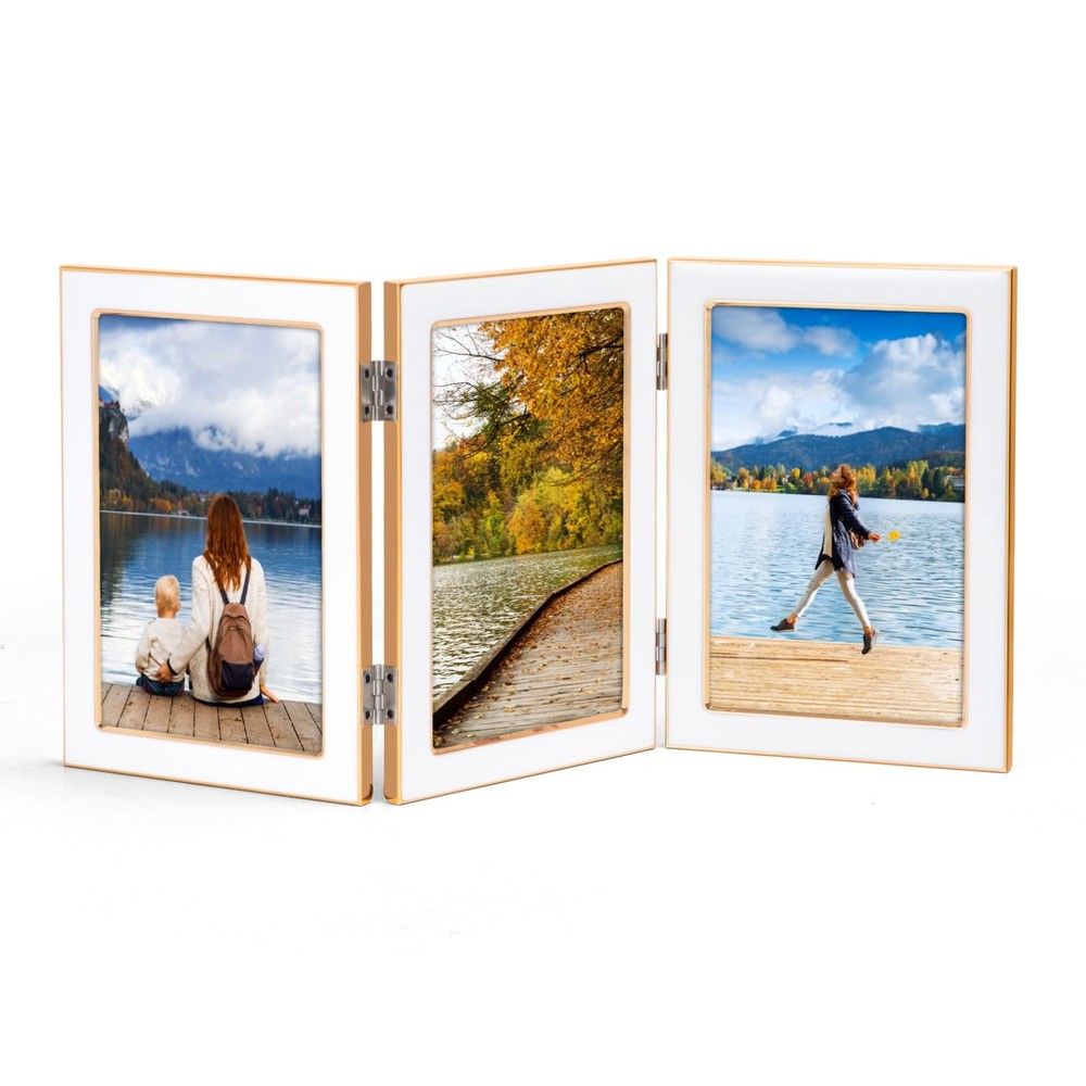 4x6 Trifold Picture Frame, Vertical White Hinged Frames Made to Display Three...