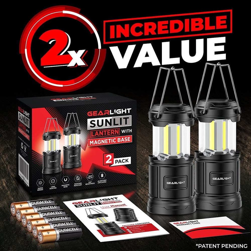 GearLight Camping Lantern - 2 Portable LED Battery Powered with Black