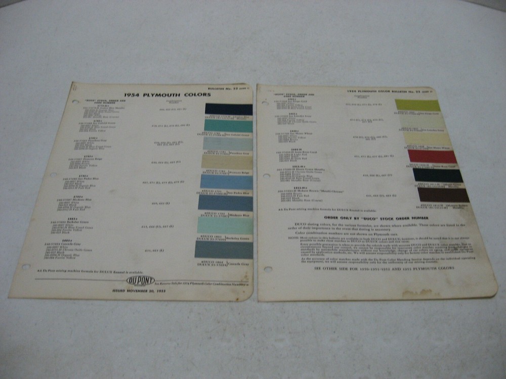 1954 Plymouth Original DuPont 2 Page Paint Color Chip Chart