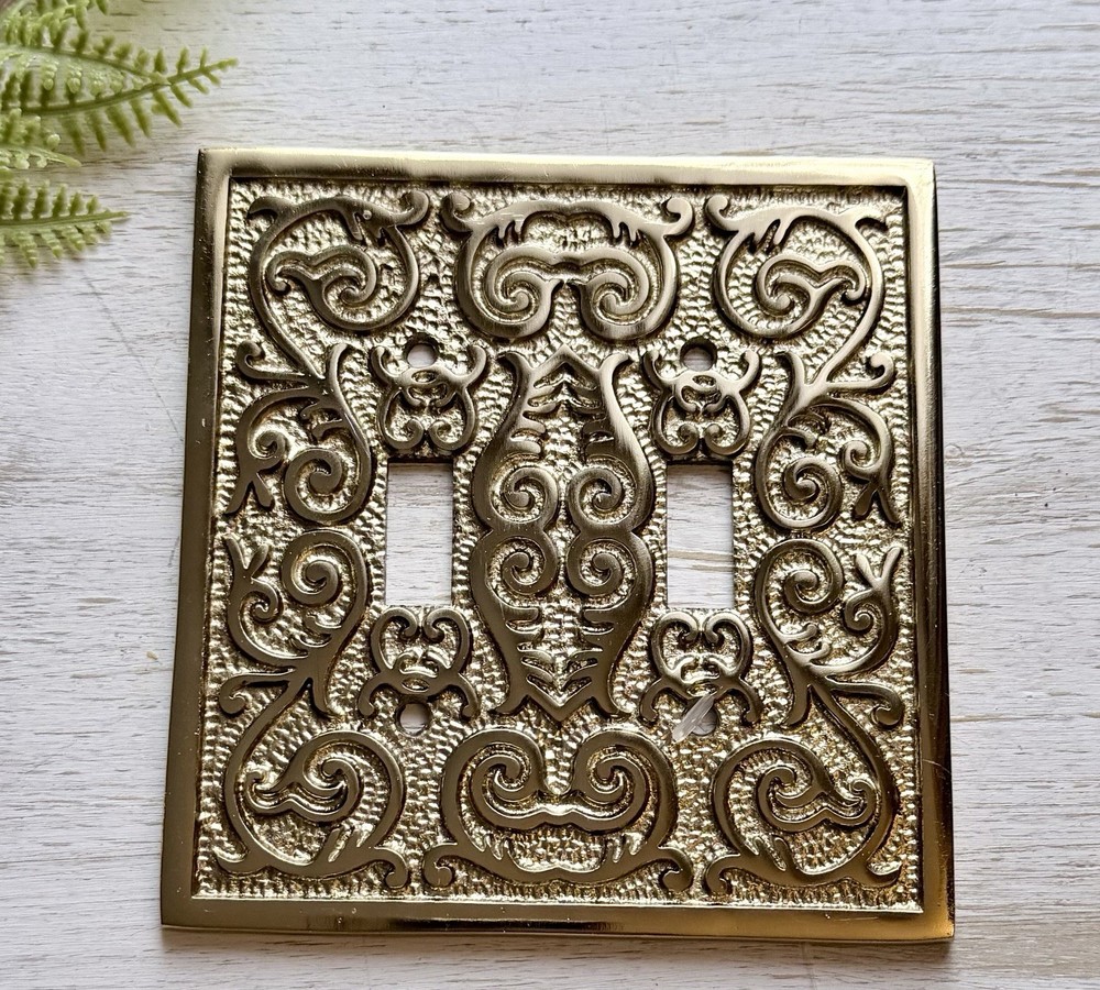 Gold Polished  Double Toggle Plate Light Switch Cover Raised Scroll Design VTG