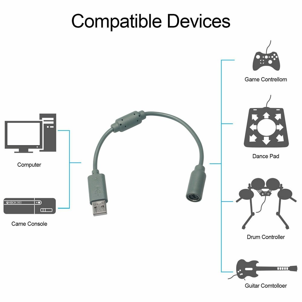 2x USB Breakaway Dongle Cable Cord Adapter For Xbox 360 PC Wired Controller