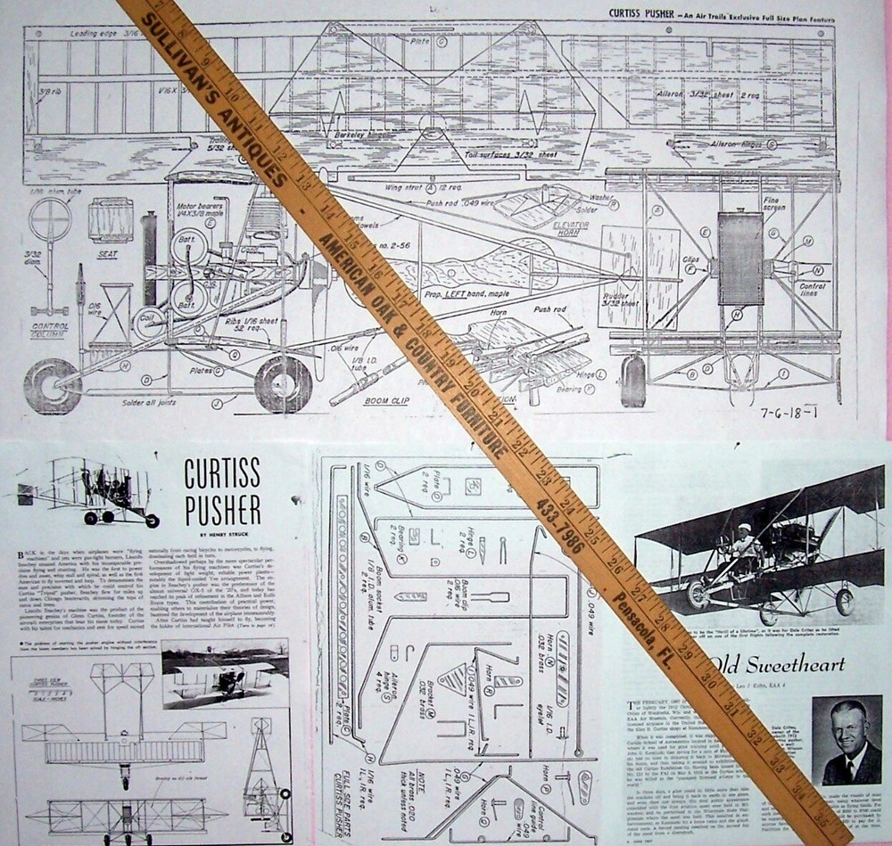 Air Trails CURTISS PUSHER PLANS + PATTERNS & ARTICLE for UC Model Airplane