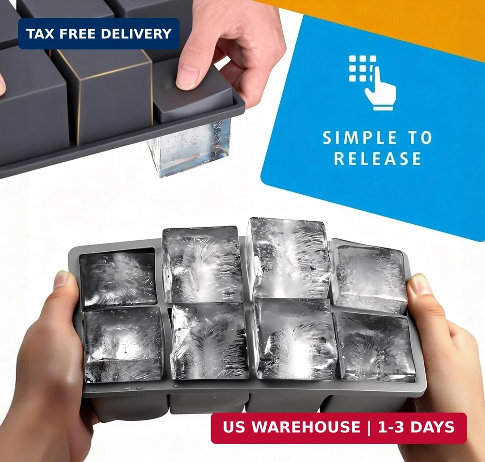 2-Pack Large Ice Cube Trays for Whiskey, Stackable & Easy-Release Silicone Squar
