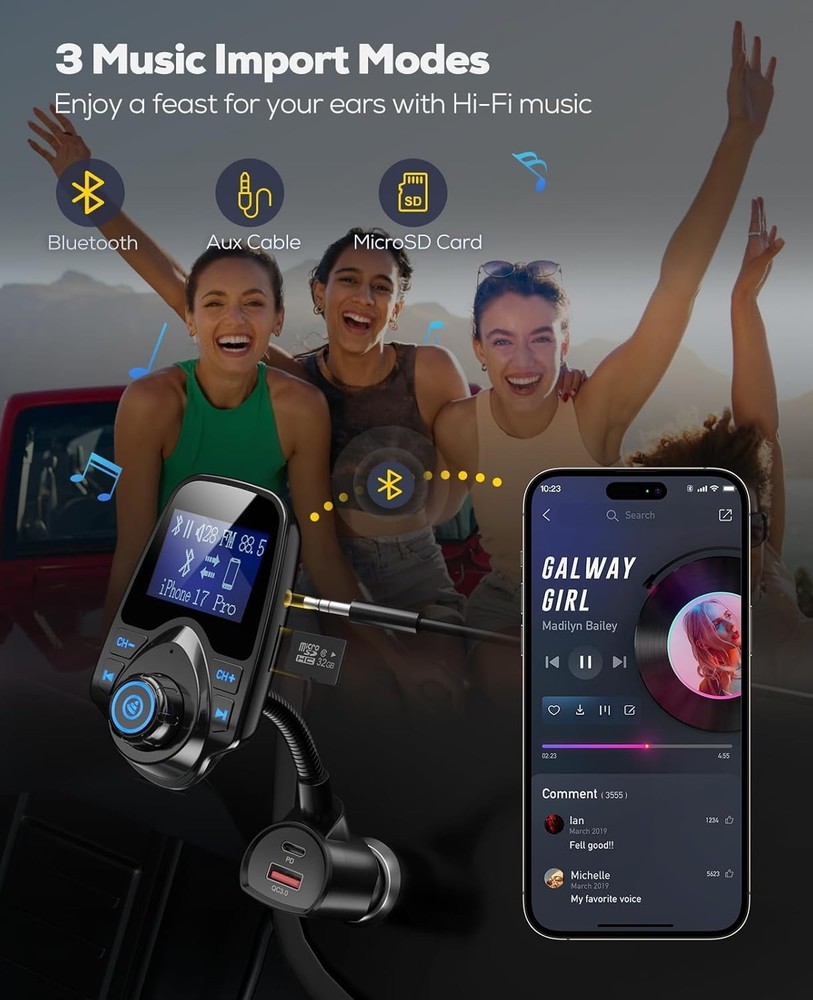 Upgraded 48W Bluetooth Car Adapter for Multi-Device Charging