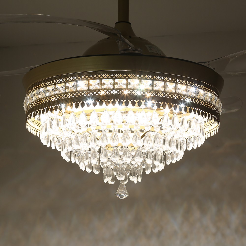 Modern Crystal Ceiling Fan Light with Remote Control and LED Illumination