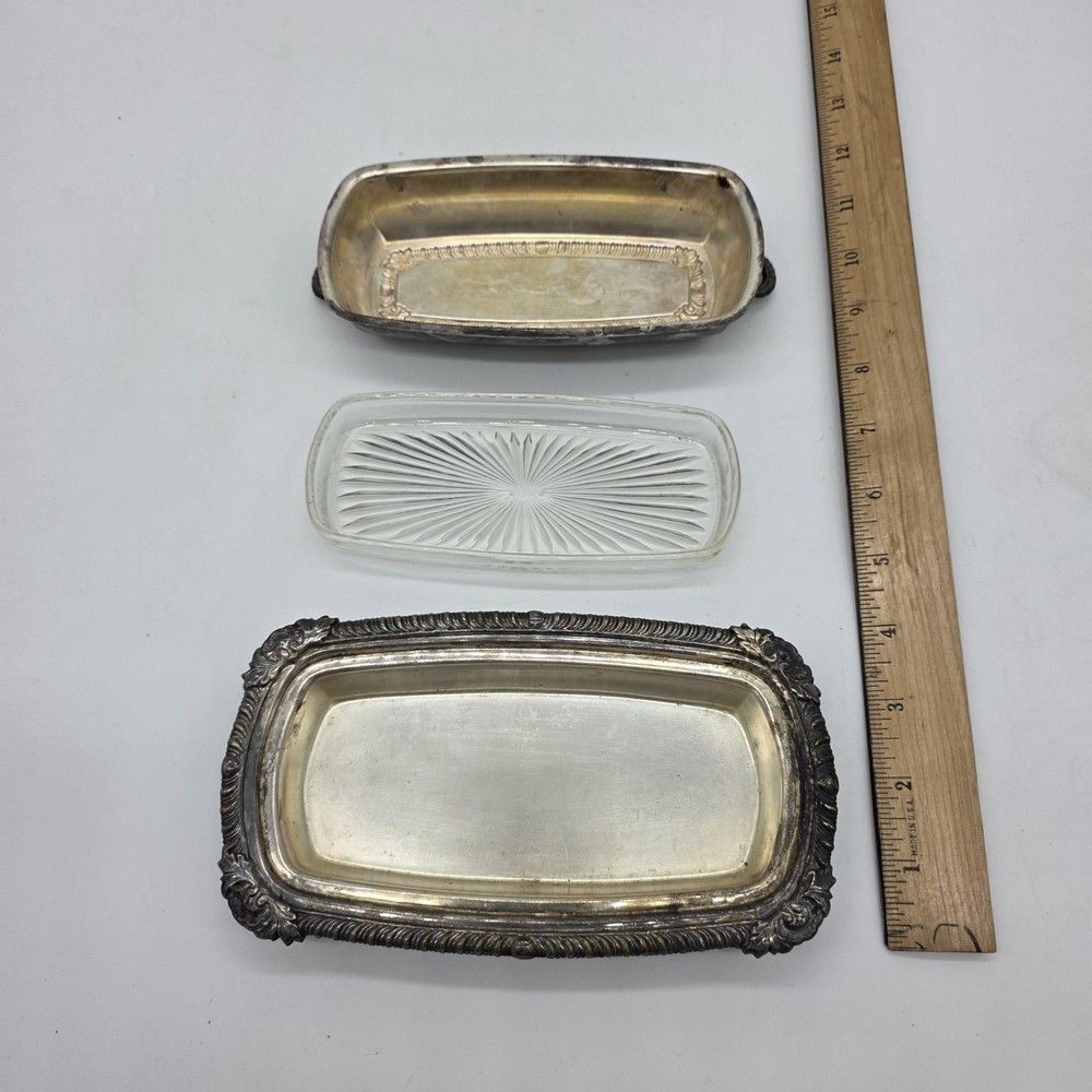 RS Corp Silver Plated Butter Keeper Dish Glass Insert Victorian Serving