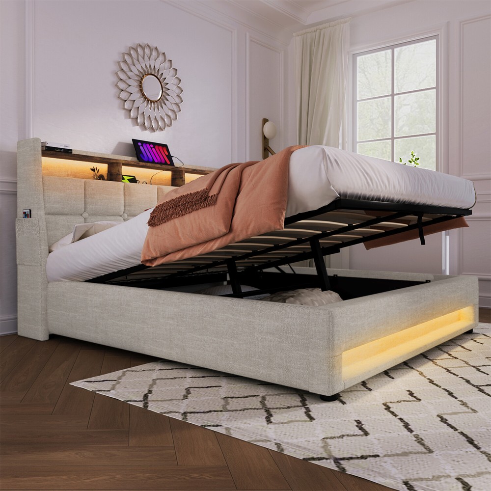 Full Size LED Bed Frame Upholstered Platform Bed with Hydraulic Storage System