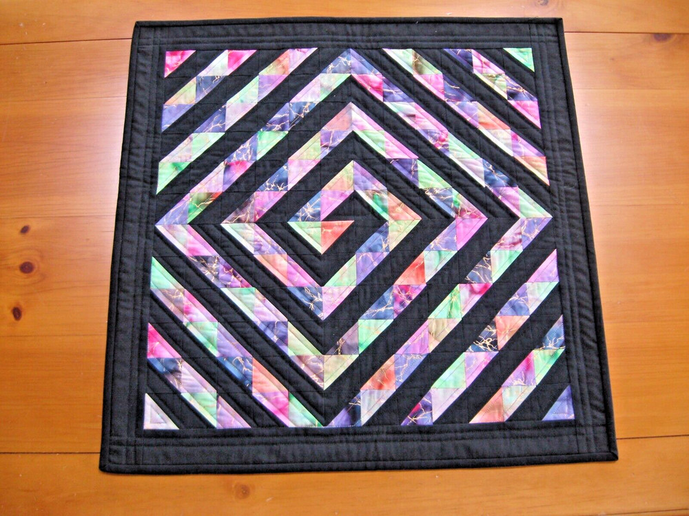 Handmade Quilted Table Topper Hand Dyed Fabric with Solid Black Spiral
