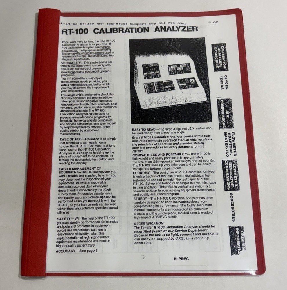 AHP Technical RT-100 Calibration Analyzer & DS-40 Accuracy Chart Manual Guide