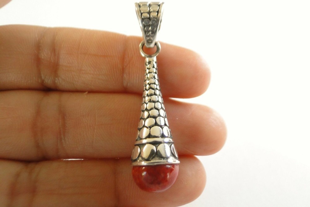 Red Coral Solitaire Cone Shape Dot Edged 925 Sterling Silver Pendant