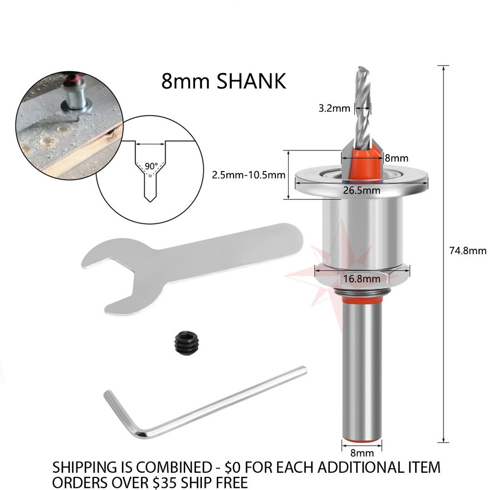 5 PIECE 8mm Adjustable Counterbore Countersink Drills Bits- DEPTH STOP Drill Bit