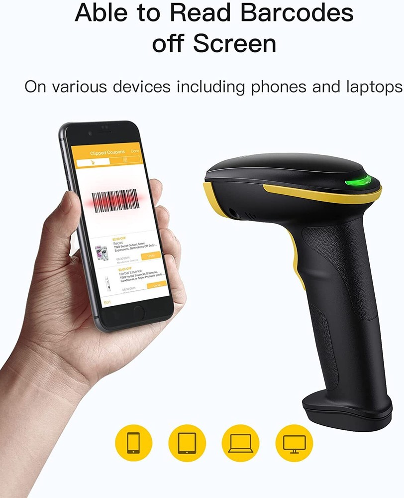 Barcode Scanner 1D Wireless, Screen Scanning, with Smart Base