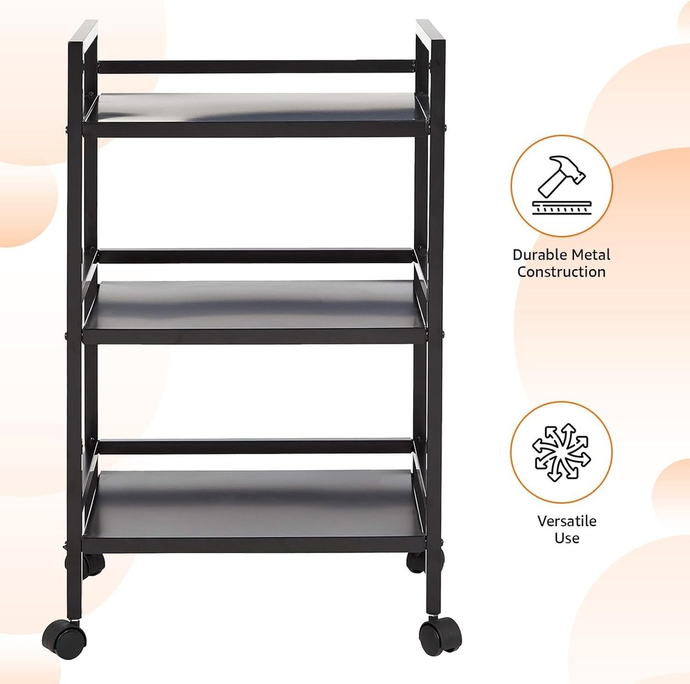 3-Tier Metal Rolling Cart Black