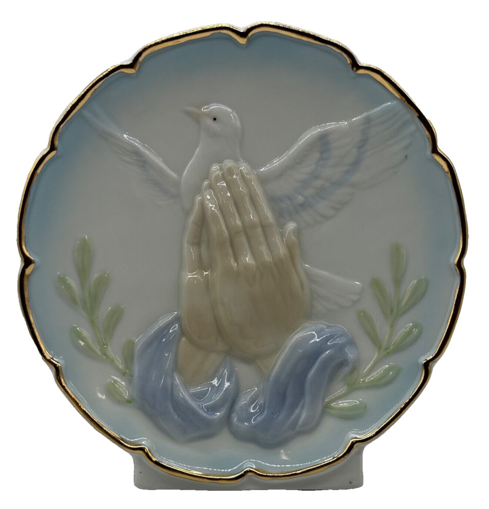New Ceramic Praying Hands With White Dove 6" Desk/Table Lamp/Night Light