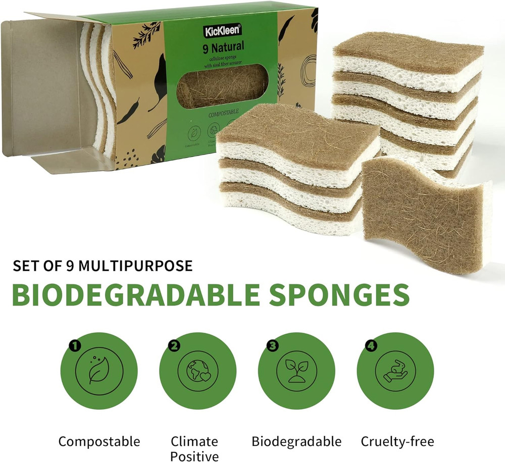 9 Pack Biodegradable Natural Kitchen Sponge - Compostable Cellulose and Coconut