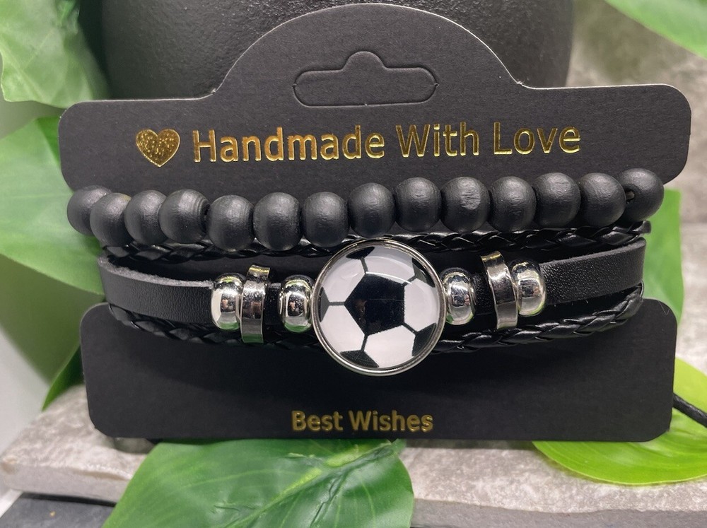 2 PC Soccer Wood Bead PU Leather Bracelet Stackable Adjustable Tie New B3625