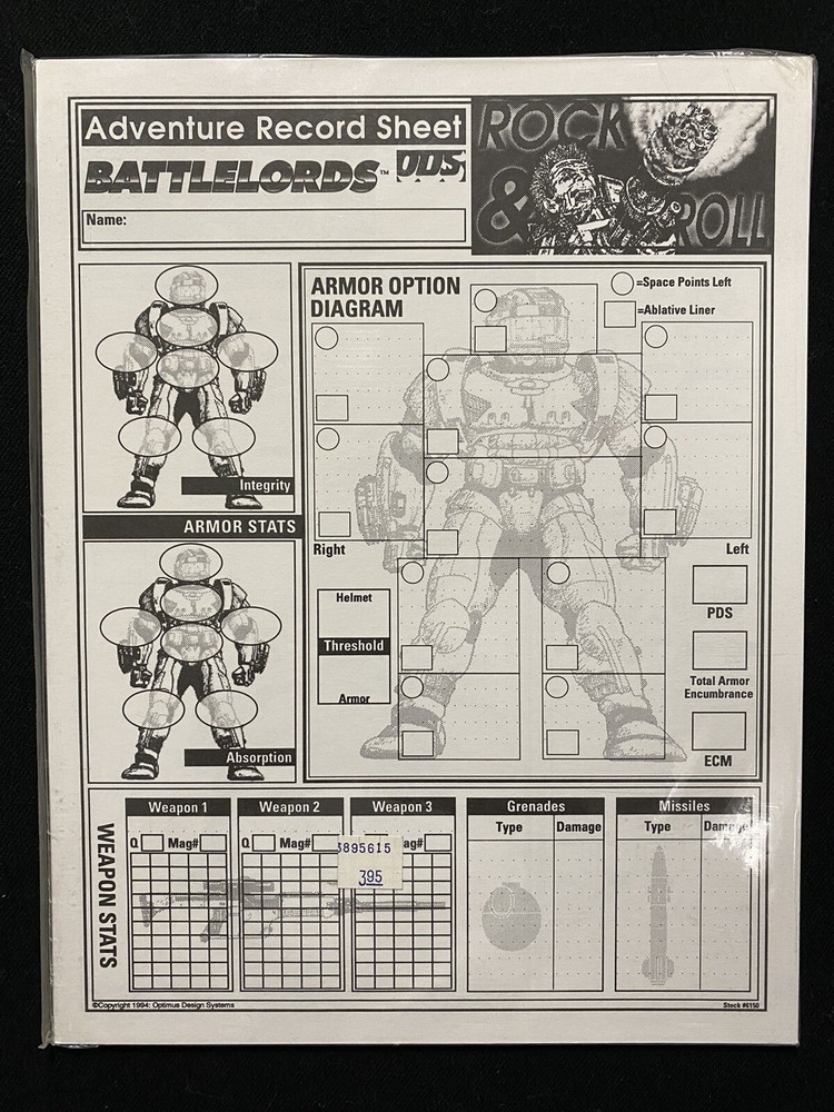 Battlelords Adventure Record Sheet Rock & Roll Unused