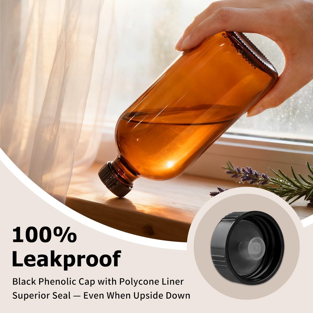 15 Pack 16 oz Amber Glass Boston Round Bottles with Phenolic Polycone Caps – ...