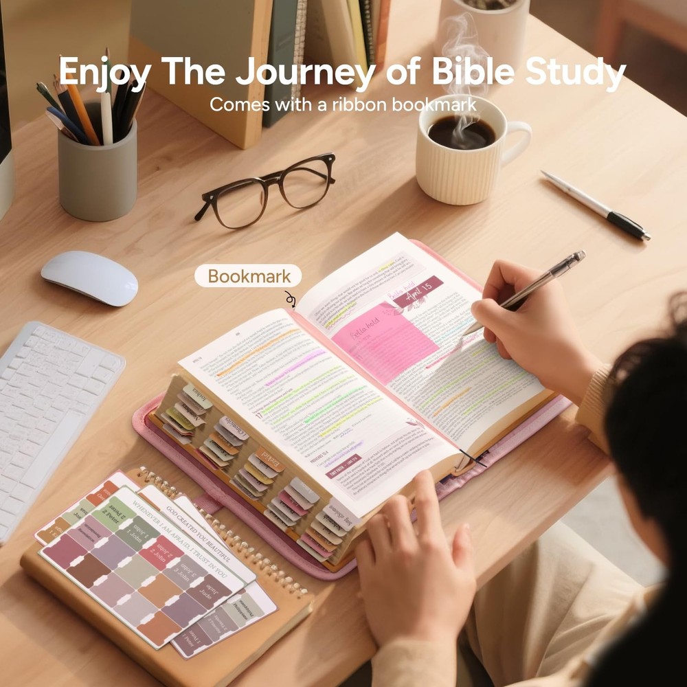 Adjustable Bible Cover Case w 75 Tabs Quilted Waterproof Pink Medium