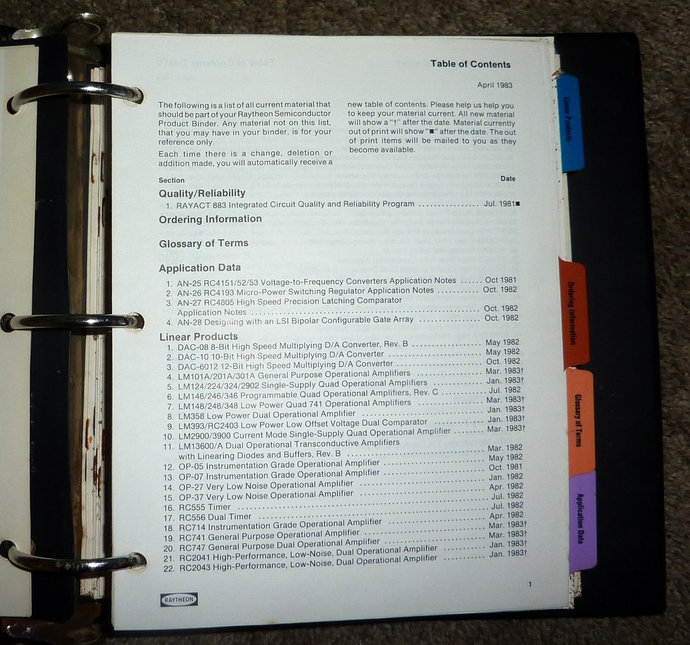 1982 Raytheon Linear~Digital~LSI~Memory~Discrete Components Data Sheets Binder