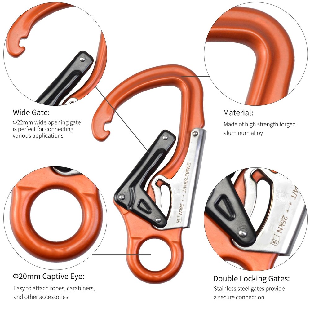 S.E.PEAK 25kN Aluminum Snap Hook, Lightweight Double Lock Captive Eye Forged ...